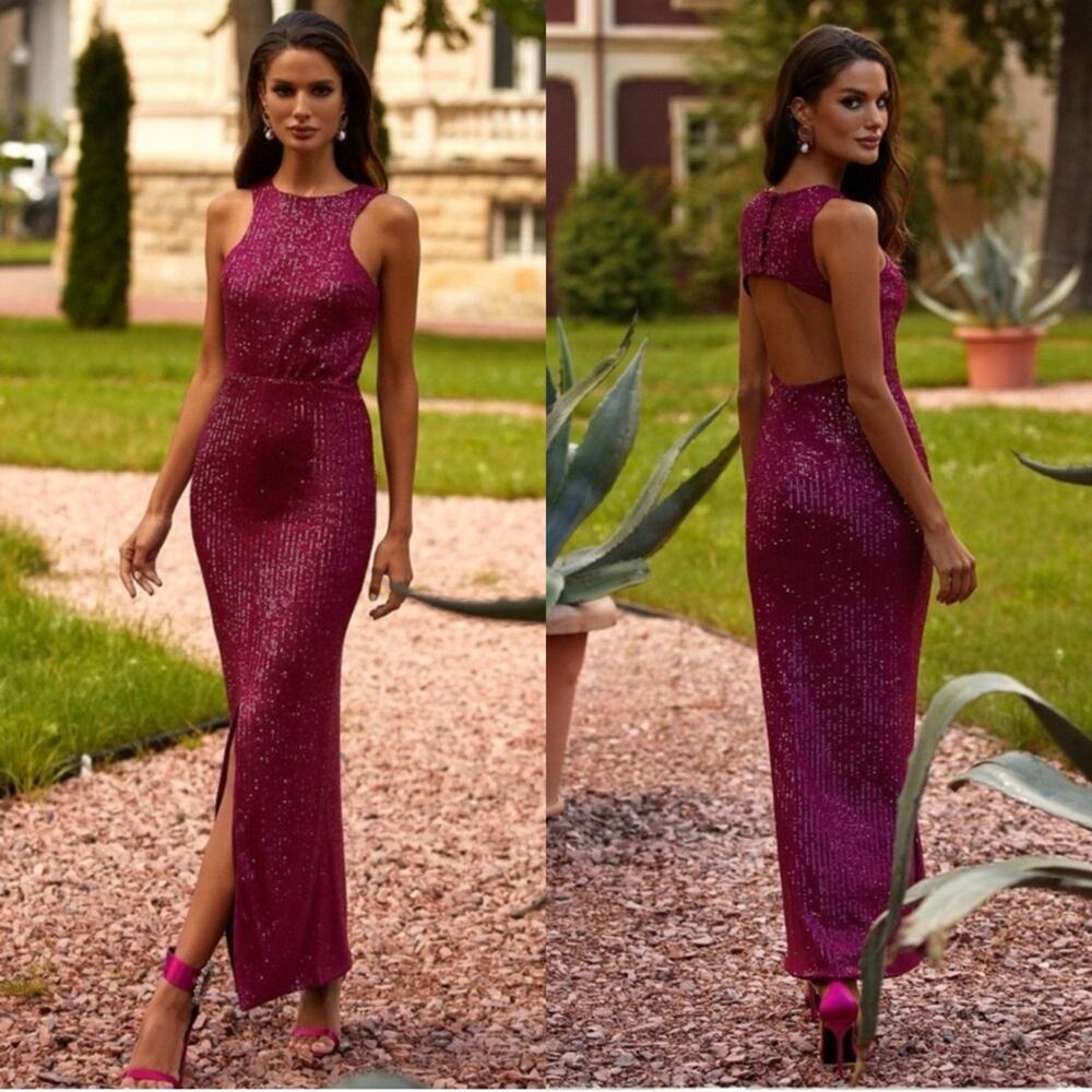 Alamour The Label Gown Dress Wedding Guest Magenta Sequin Glam Formal Prom Sz L